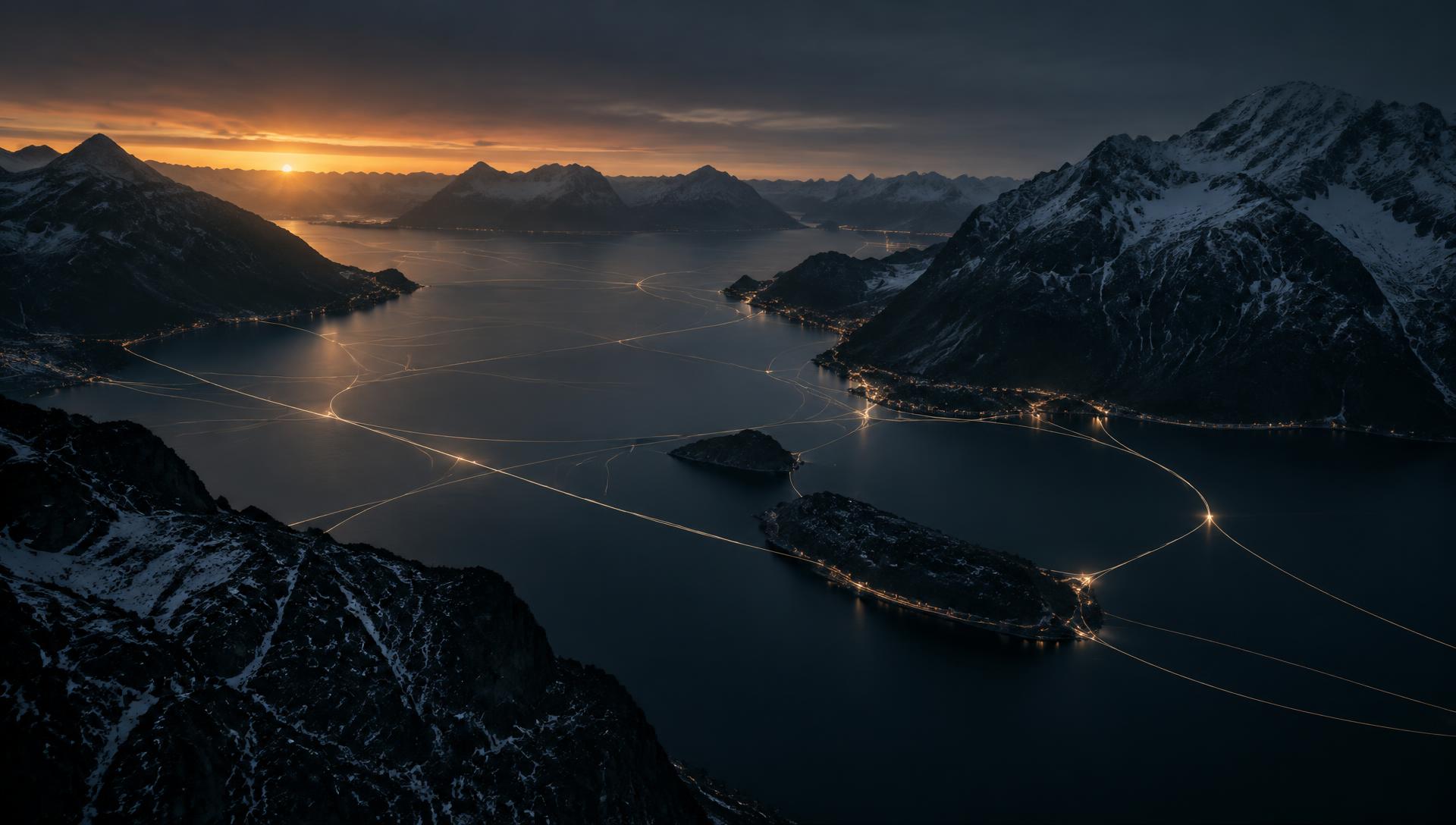 Fjord at dawn with lines of light connecting the shores